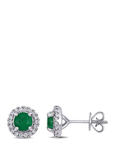 4/5 ct. t.w. Emerald and 1/3 ct. t.w. Diamond Halo Stud Earrings in 14k White Gold 