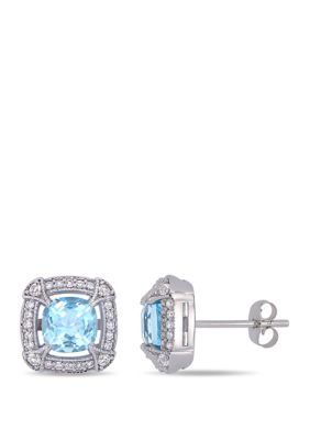 Belk & Co 2.38 Ct. T.w. Blue Topaz, 1/8 Ct. T.w. White Sapphire And 1/5 Ct. T.w. Diamond Halo Stud Earrings In 10K White Gold