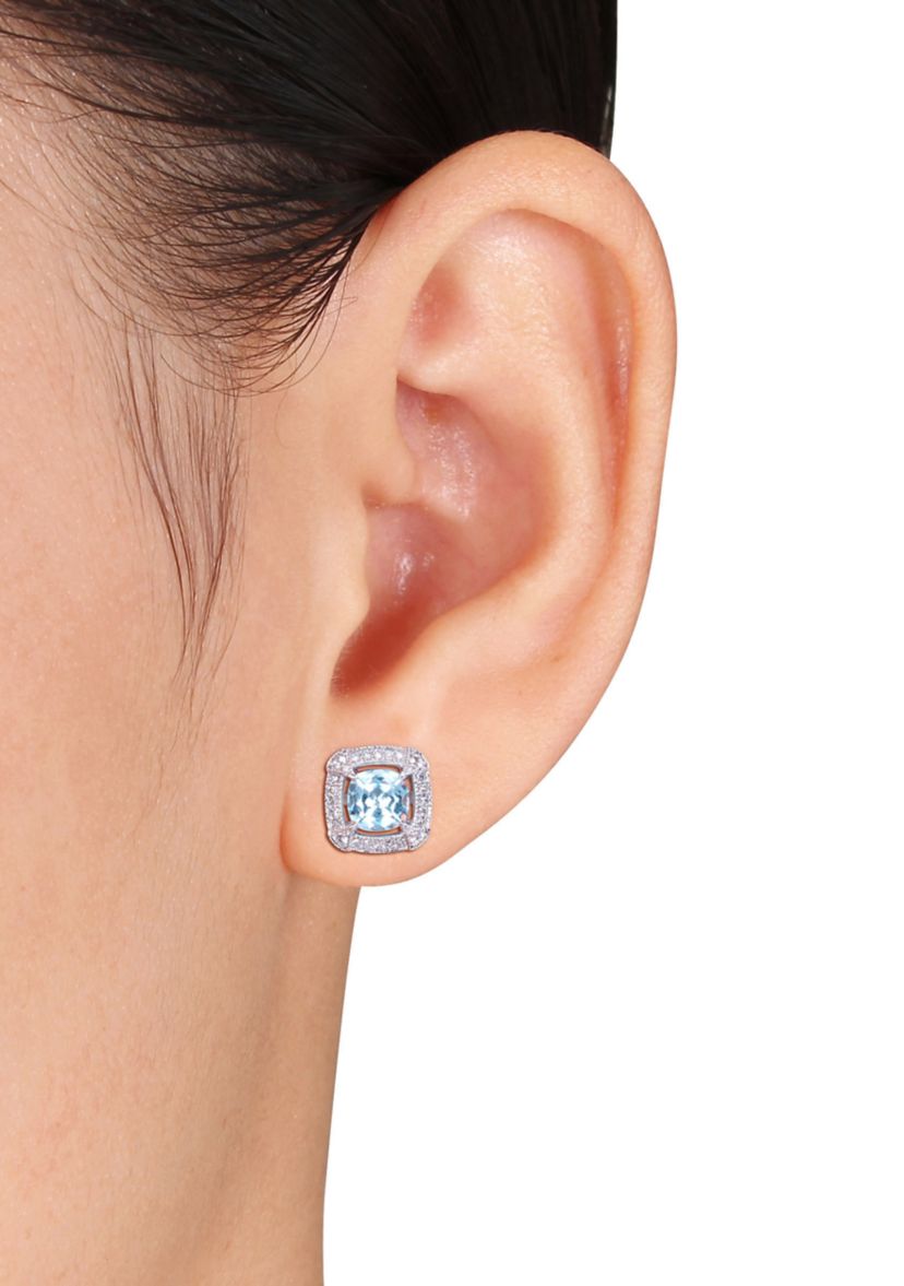  2.38 ct. t.w. Blue Topaz, 1/8 ct. t.w. White Sapphire and 1/5 ct. t.w. Diamond Halo Stud Earrings in 10k White Gold