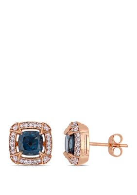 Belk & Co 2.2 ct. t.w. London-Blue Topaz, 1/8 ct. t.w. White Sapphire and 1/5 ct. t.w. Diamond Halo Stud Earrings in 10k Rose Gold