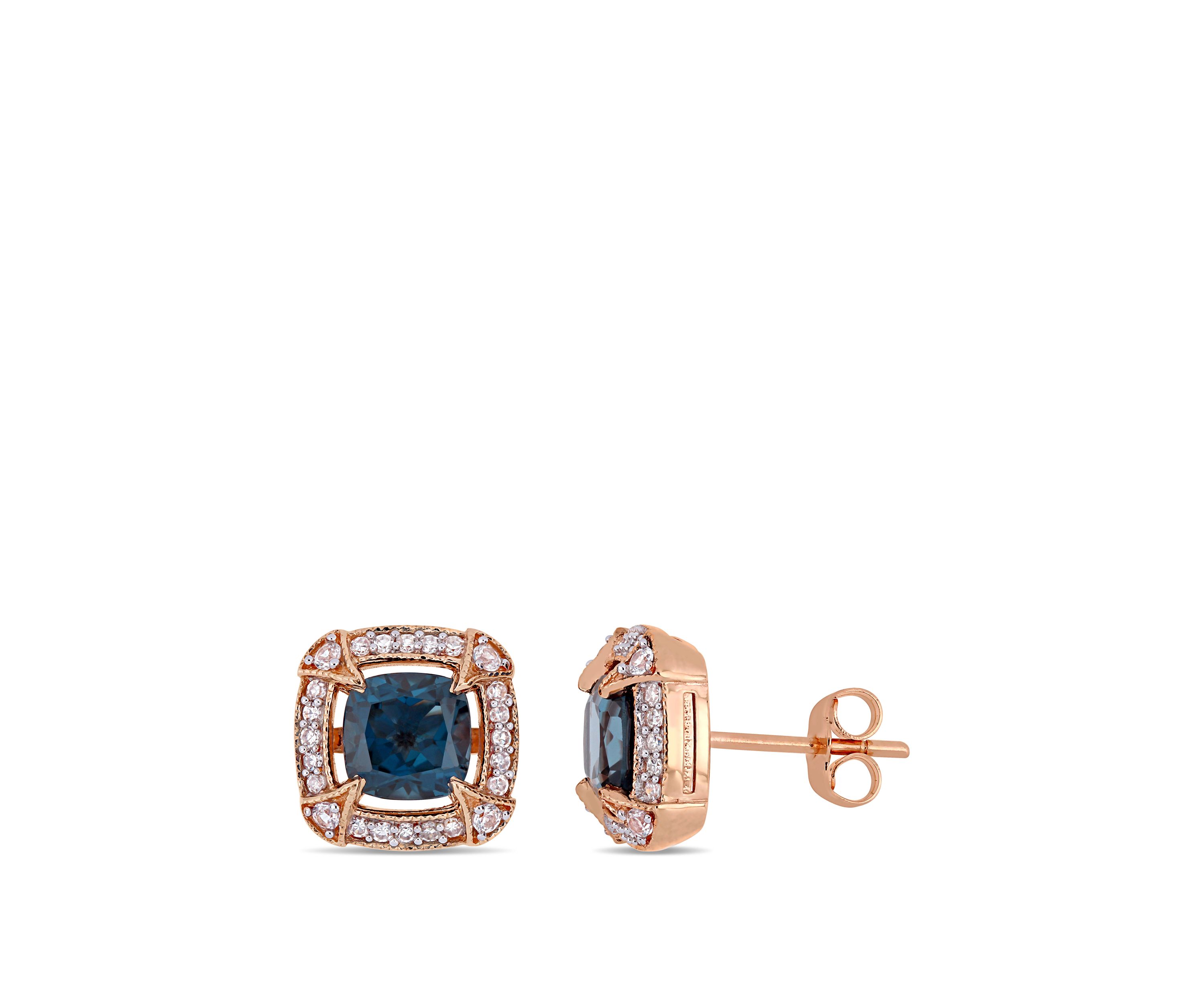  2.2 ct. t.w. London-Blue Topaz, 1/8 ct. t.w. White Sapphire and 1/5 ct. t.w. Diamond Halo Stud Earrings in 10k Rose Gold