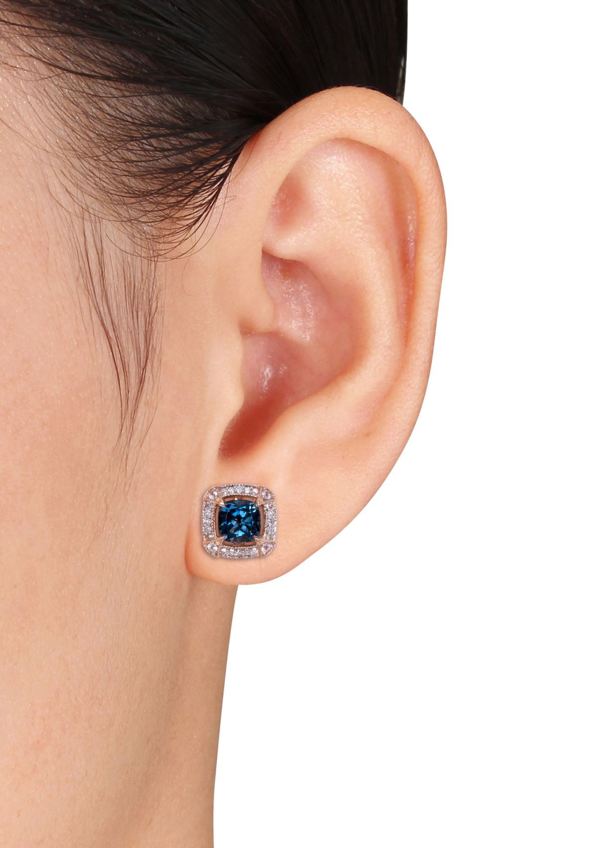  2.2 ct. t.w. London-Blue Topaz, 1/8 ct. t.w. White Sapphire and 1/5 ct. t.w. Diamond Halo Stud Earrings in 10k Rose Gold