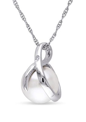 Belk & Co 1/10 Ct. T.w. Diamond And 8 To 8.5 Millimeter Cultured Freshwater Pearl Accent Swirl Pendant With Chain In 10K White Gold