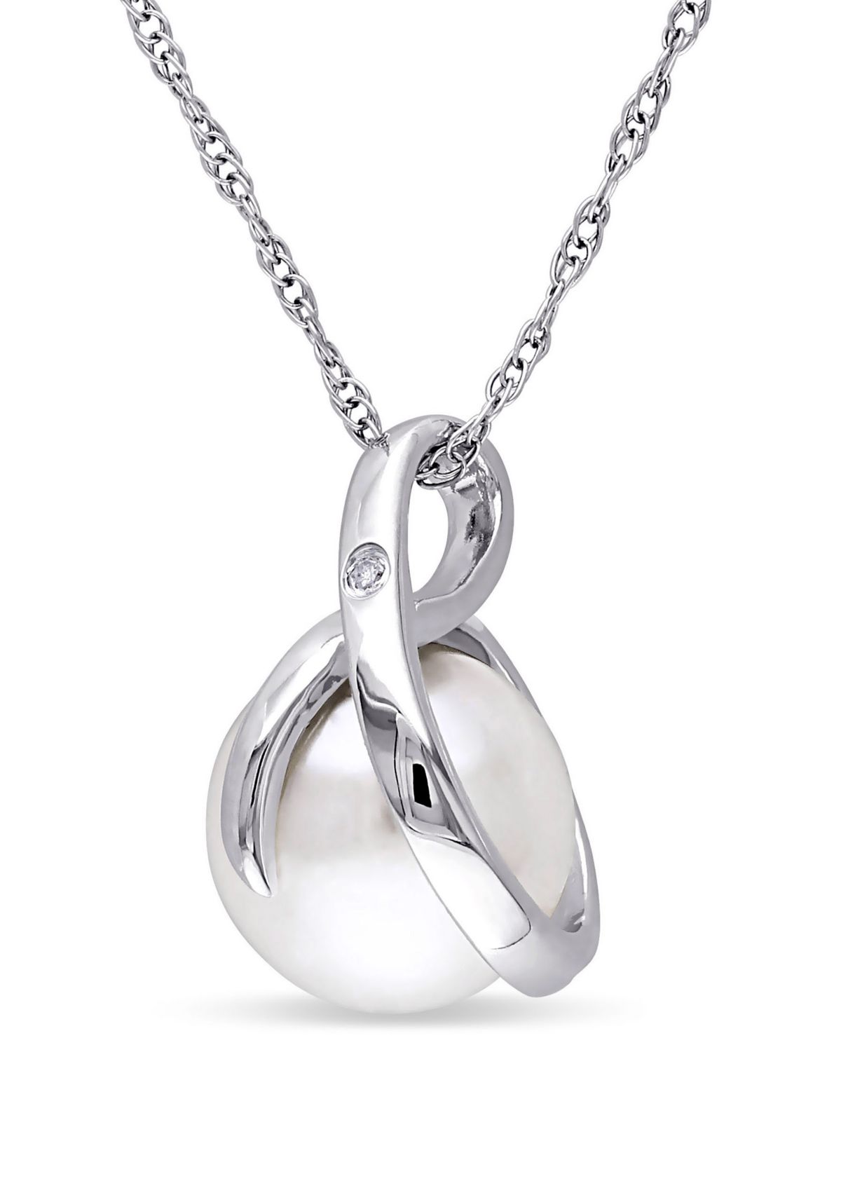 1/10 ct. t.w. Diamond and 8 to 8.5 Millimeter Cultured Freshwater Pearl Accent Swirl Pendant with Chain in 10k White Gold