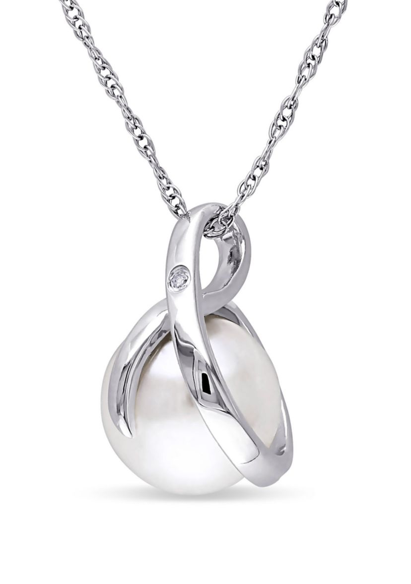 1/10 ct. t.w. Diamond and 8 to 8.5 Millimeter Cultured Freshwater Pearl Accent Swirl Pendant with Chain in 10k White Gold