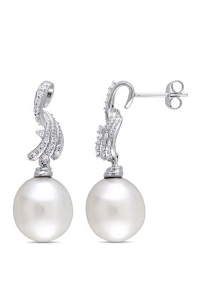 Belk & Co 1/4 Ct. T.w. Diamond And 11 To 11.5 Millimeter South Sea Pearl Earrings In 14K White Gold
