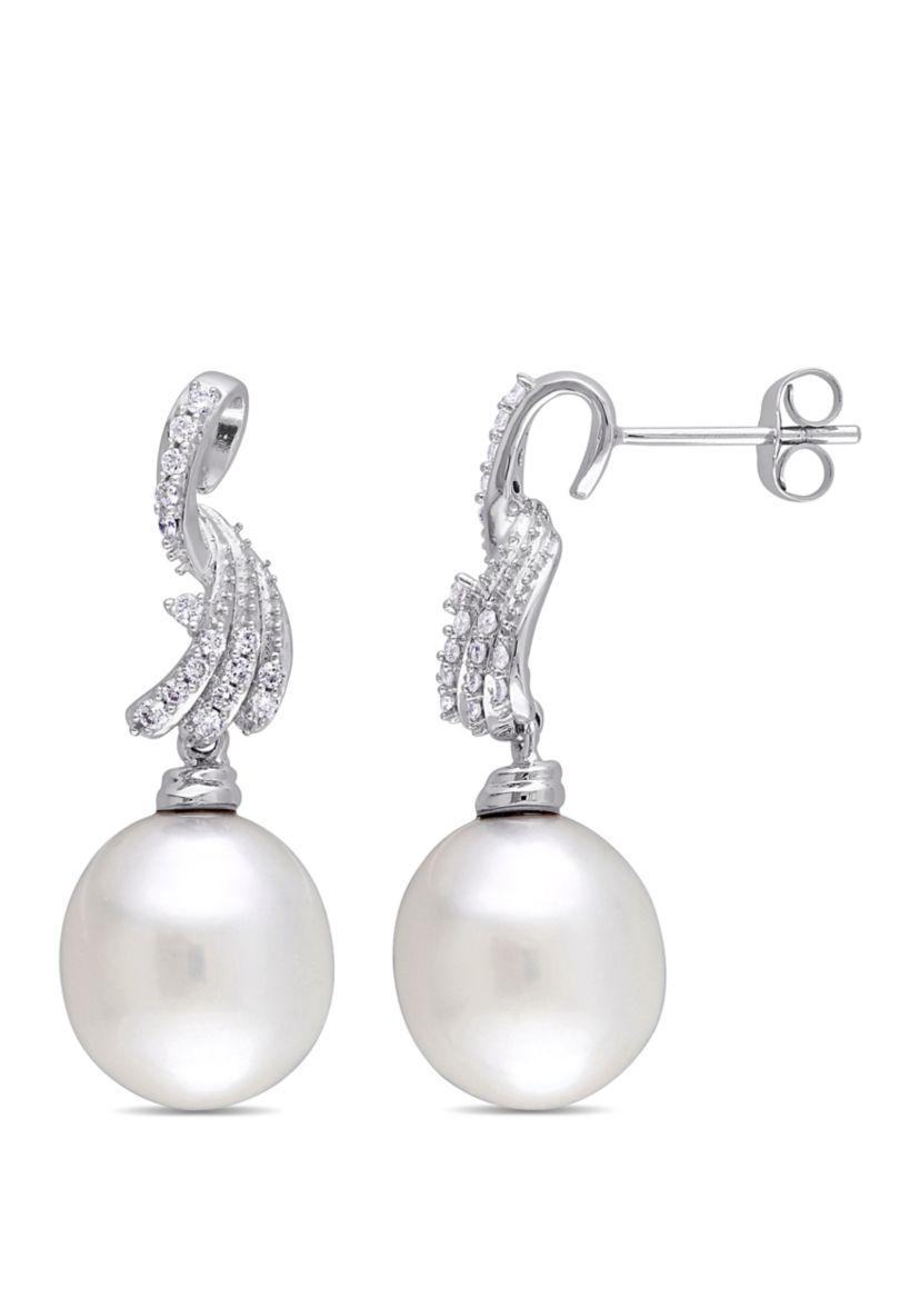 1/4 ct. t.w. Diamond and 11 to 11.5 Millimeter South Sea Pearl Earrings in 14k White Gold