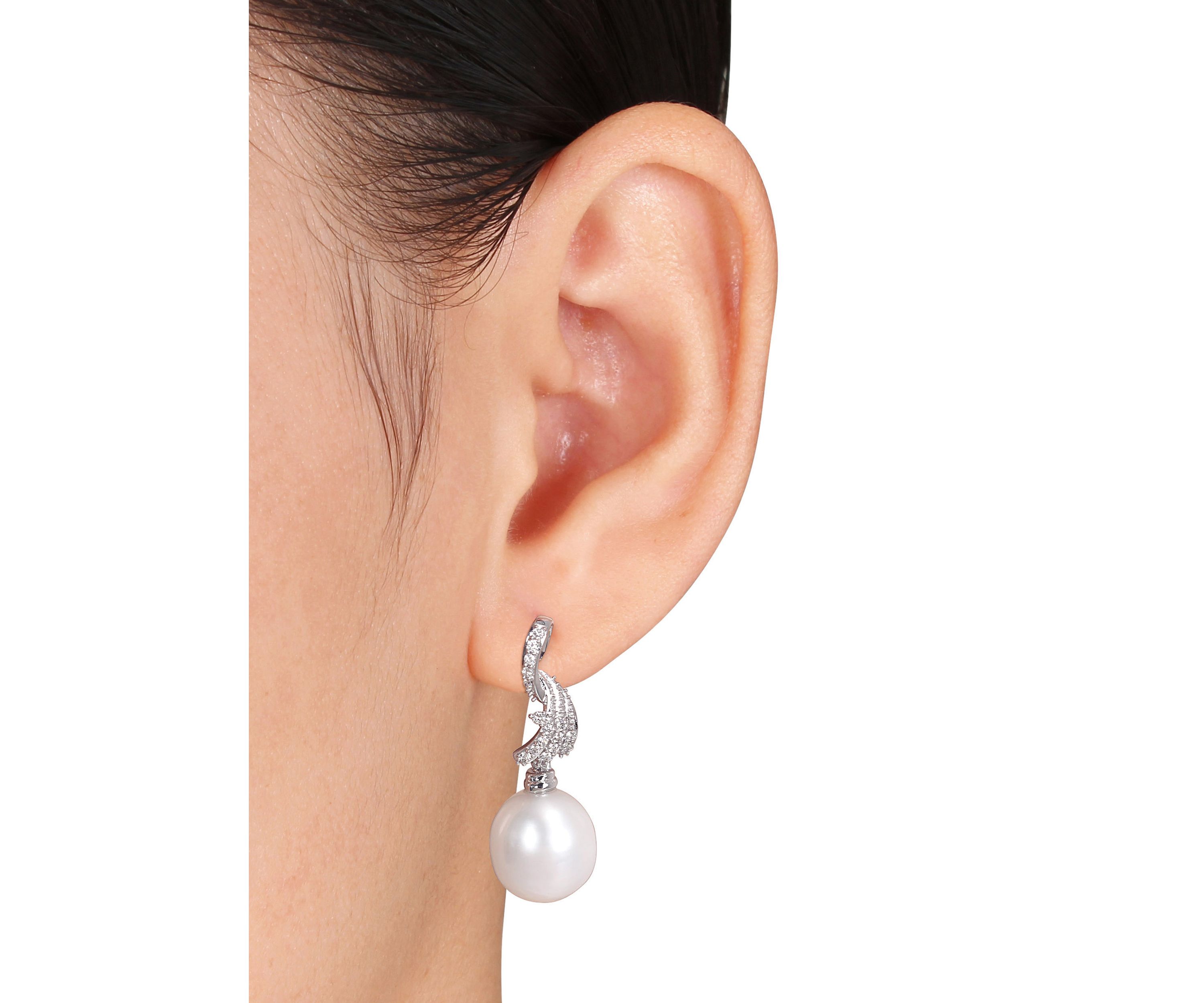 1/4 ct. t.w. Diamond and 11 to 11.5 Millimeter South Sea Pearl Earrings in 14k White Gold