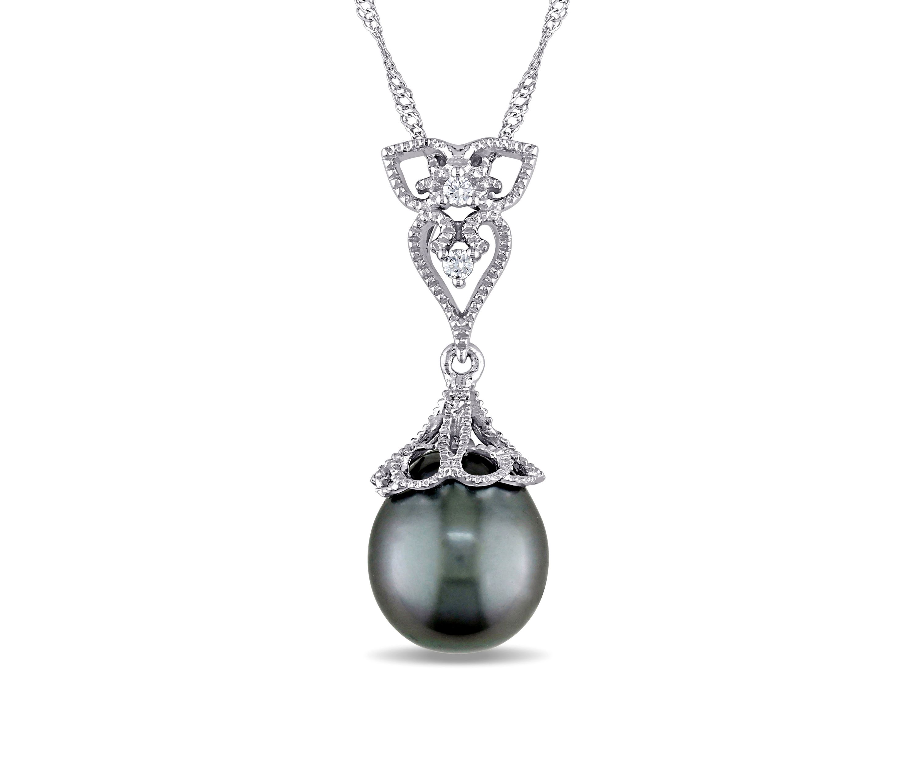 1/10 ct. t.w. Diamond and 9 and 9.5 Millimeter Cultured Tahitian Pearl Accent Vintage Drop Pendant with Chain in 14k White Gold