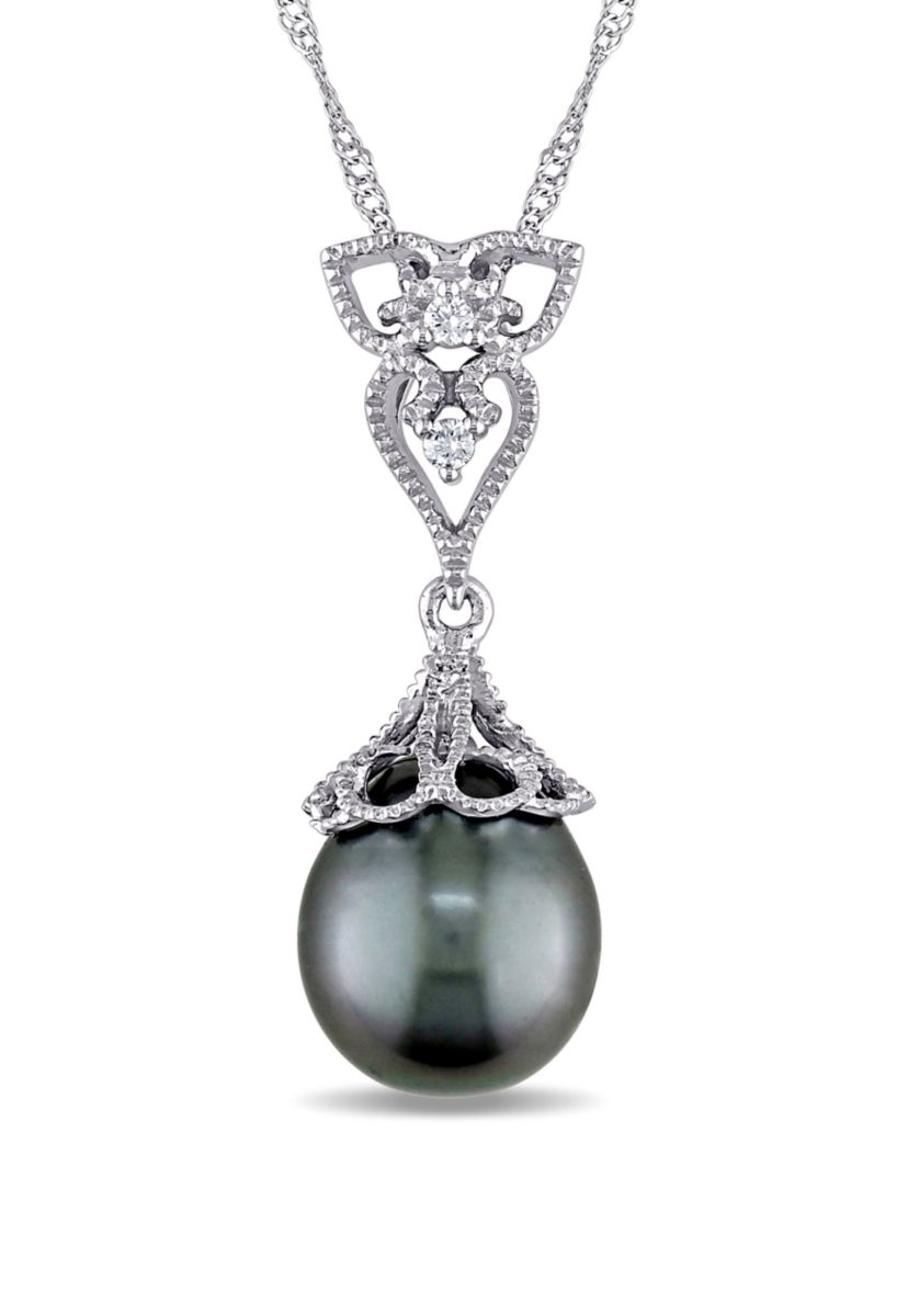 1/10 ct. t.w. Diamond and 9 and 9.5 Millimeter Cultured Tahitian Pearl Accent Vintage Drop Pendant with Chain in 14k White Gold