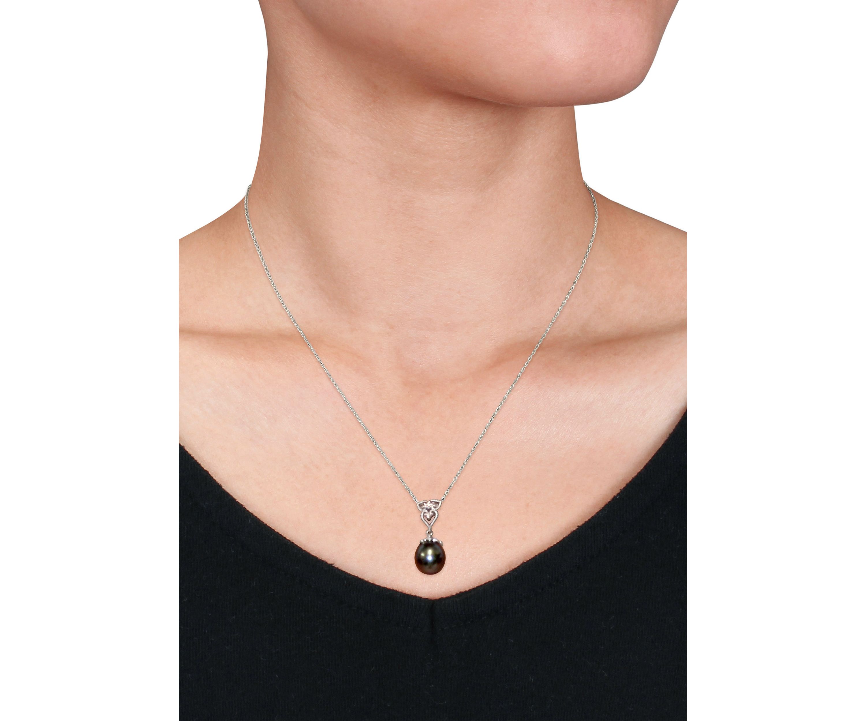 1/10 ct. t.w. Diamond and 9 and 9.5 Millimeter Cultured Tahitian Pearl Accent Vintage Drop Pendant with Chain in 14k White Gold