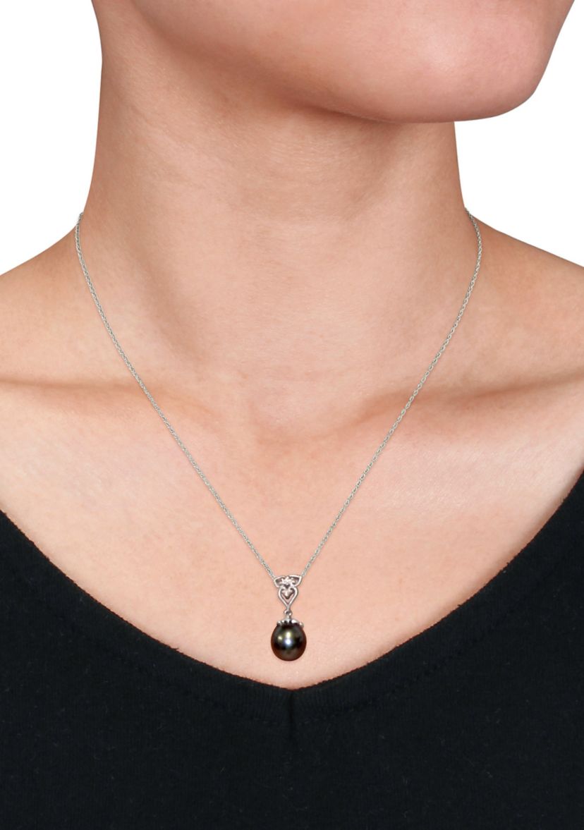 1/10 ct. t.w. Diamond and 9 and 9.5 Millimeter Cultured Tahitian Pearl Accent Vintage Drop Pendant with Chain in 14k White Gold