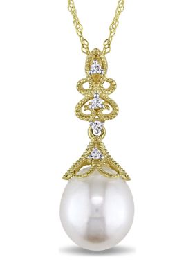 Belk & Co 9-9.5 Millimeter Cultured Freshwater Pearl and Diamond Vintage Drop Pendant With Chain in 14k Yellow Gold