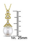 9-9.5 Millimeter Cultured Freshwater Pearl and Diamond Vintage Drop Pendant With Chain in 14k Yellow Gold