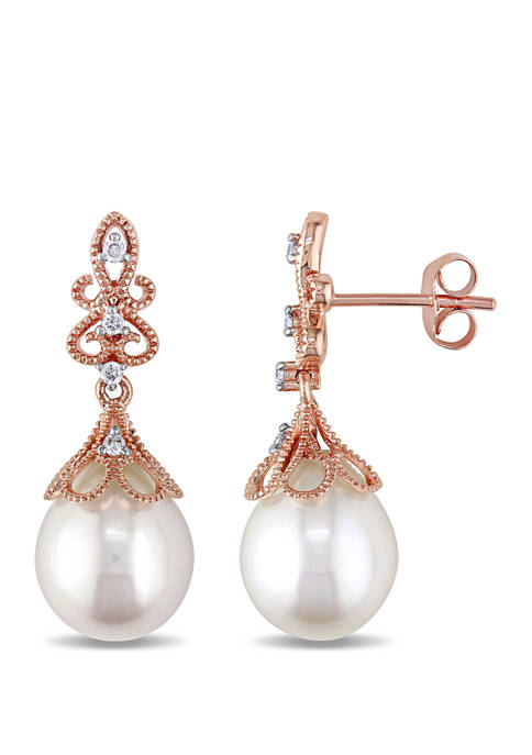 G-H, SI1-SI2 14K Yellow Gold 1/10 CTTW Diamond White Freshwater Cultured Pearl Lever-back Earrings Choice of Pearl Sizes