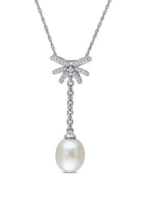 Belk & Co 1/10 Ct. T.w. Diamond And 8 To 8.5 Millimeter Cultured Freshwater Pearl Lariat Necklace In 10K White Gold
