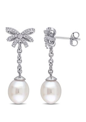 Belk & Co 1/5 ct. t.w. Diamond and 8 to 8.5 Millimeter Cultured Freshwater Pearl Diamond Dangle Earrings in 10k White Gold