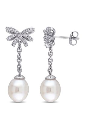 Belk & Co 1/5 Ct. T.w. Diamond And 8 To 8.5 Millimeter Cultured Freshwater Pearl Diamond Dangle Earrings In 10K White Gold