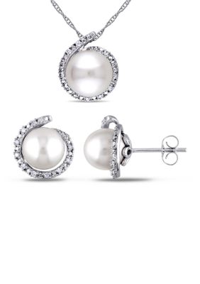 Belk & Co 2-Piece Cultured Freshwater Pearl And 1/7 Ct. T.w. Diamond Halo Stud Earrings And Necklace Set In 10K White Gold -  0686692213647