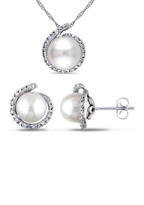 2-Piece Cultured Freshwater Pearl and 1/7 ct. t.w. Diamond Halo Stud Earrings and Necklace Set in 10k White Gold