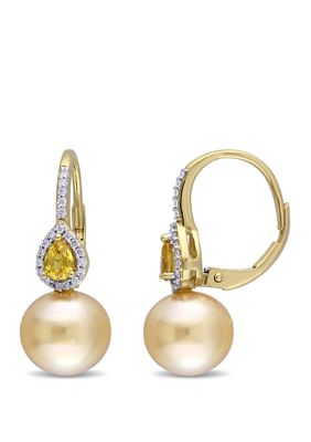 Belk & Co 9 To 9.5 Millimeter Golden South Sea Pearl, 3/8 Ct. T.w. Yellow Sapphire And 1/8 Ct. T.w. Diamond Drop Earrings In 14K Yellow Gold