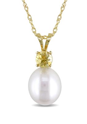 Belk & Co 8 To 8.5 Millimeter Cultured Freshwater Pearl And 1/4 Ct. T.w. Citrine Pendant With Chain In 14K Yellow Gold