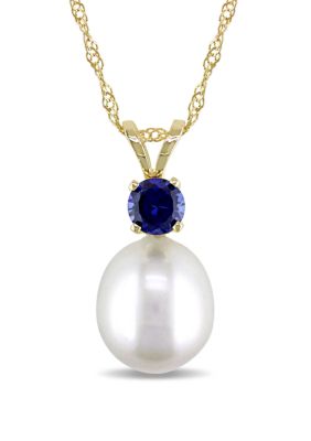 Belk & Co 8 To 8.5 Millimeter Cultured Freshwater Pearl And 1/3 Ct. T.w. Sapphire Pendant With Chain In 14K Yellow Gold