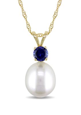 Belk & Co 8 to 8.5 Millimeter Cultured Freshwater Pearl and 1/3 ct. t.w. Sapphire Pendant with Chain in 14k Yellow Gold
