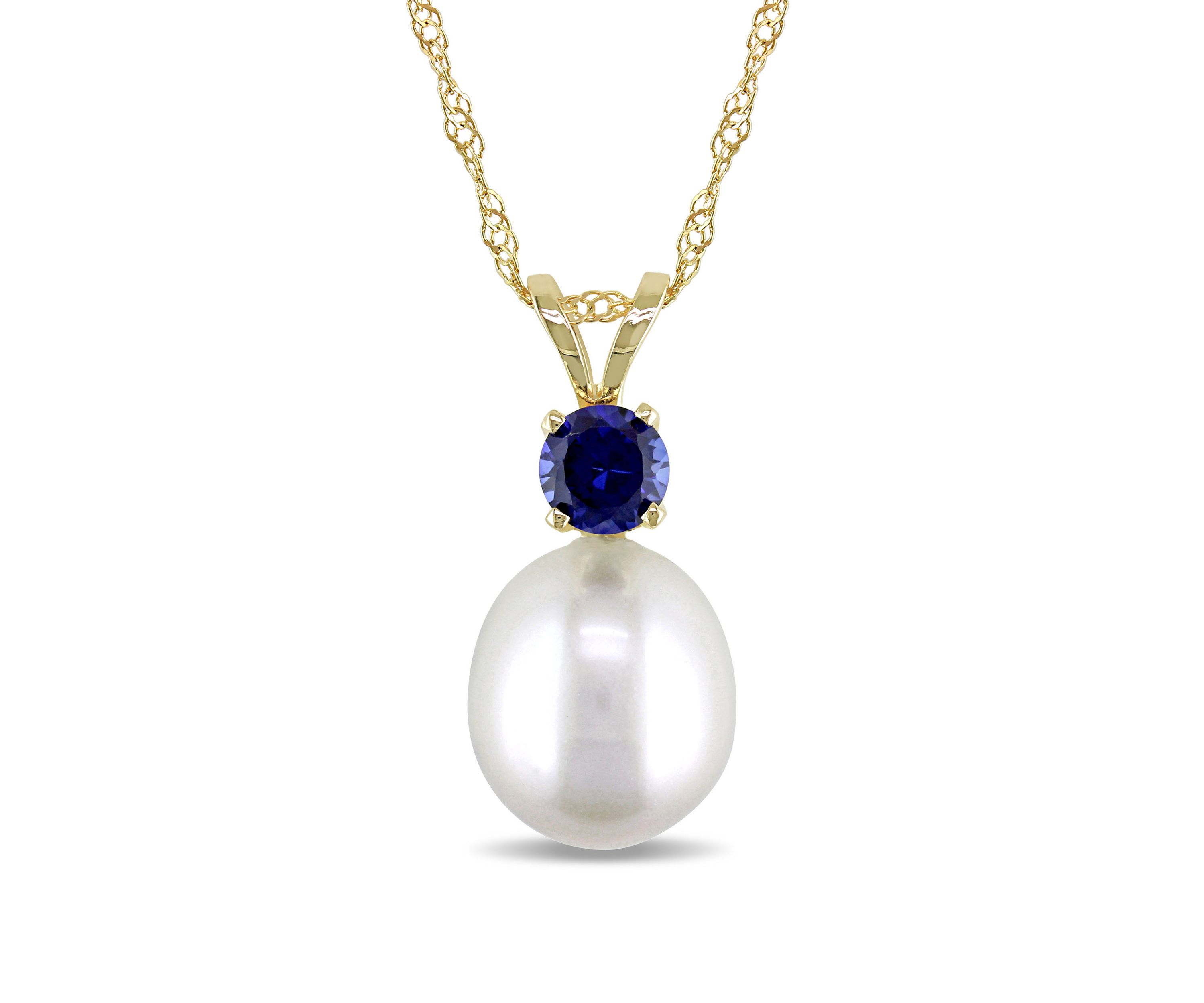 8 to 8.5 Millimeter Cultured Freshwater Pearl and 1/3 ct. t.w. Sapphire Pendant with Chain in 14k Yellow Gold