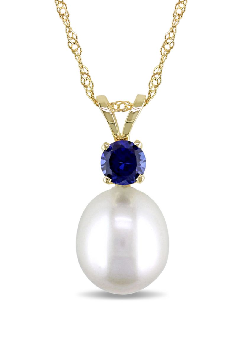 8 to 8.5 Millimeter Cultured Freshwater Pearl and 1/3 ct. t.w. Sapphire Pendant with Chain in 14k Yellow Gold