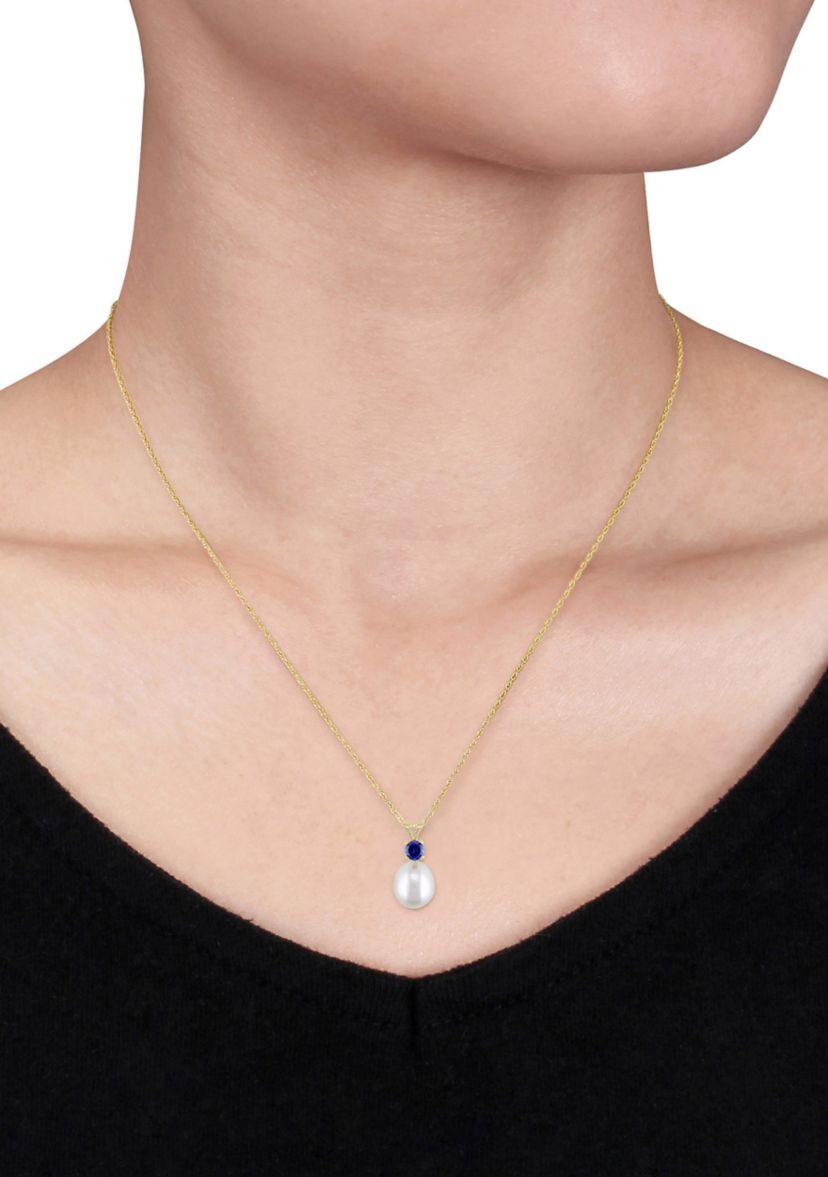 8 to 8.5 Millimeter Cultured Freshwater Pearl and 1/3 ct. t.w. Sapphire Pendant with Chain in 14k Yellow Gold