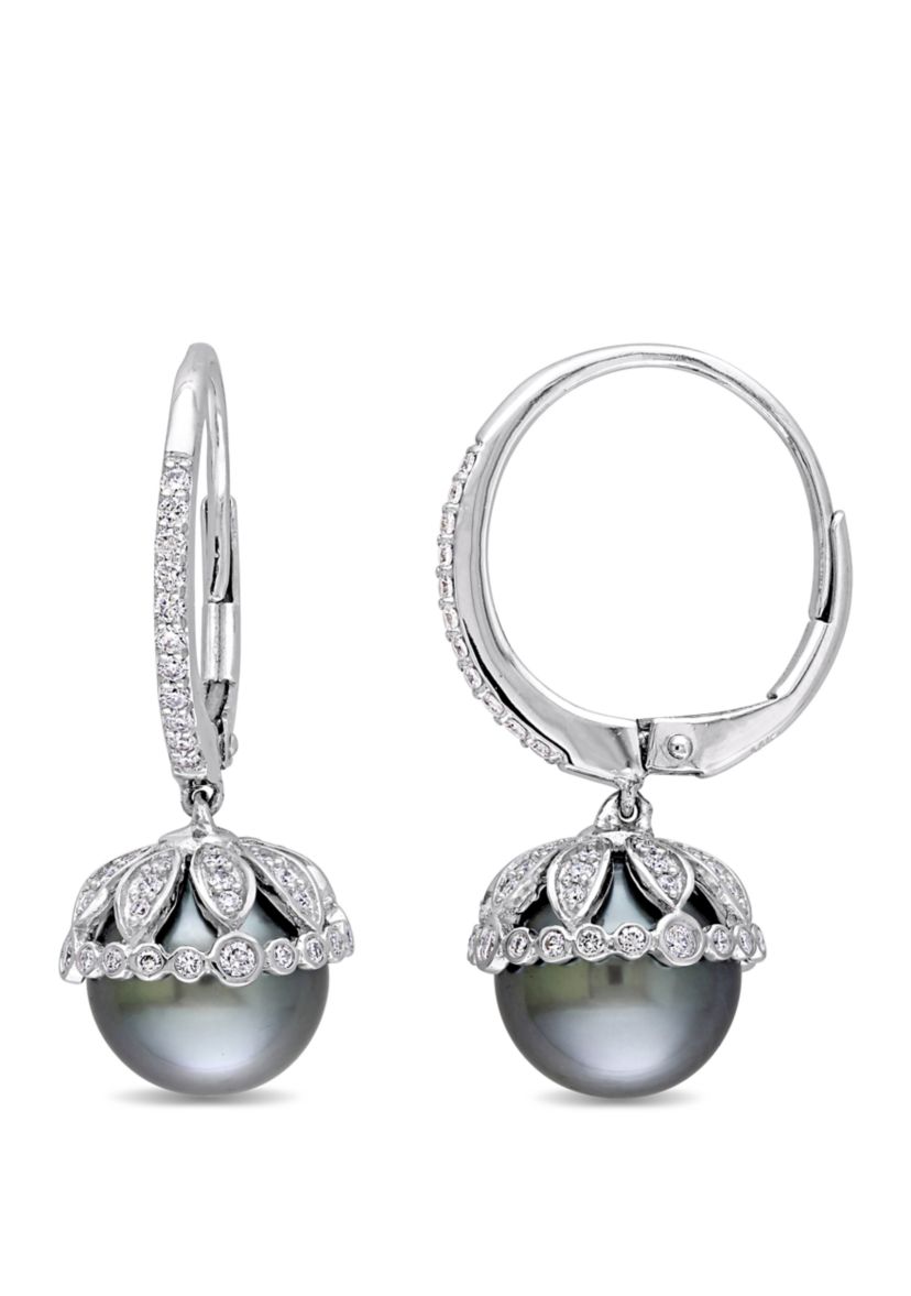 9 to 9.5 Millimeter Cultured Tahitian Pearl and 1/2 ct. t.w. Diamond Vintage Drop Earrings in 14k White Gold