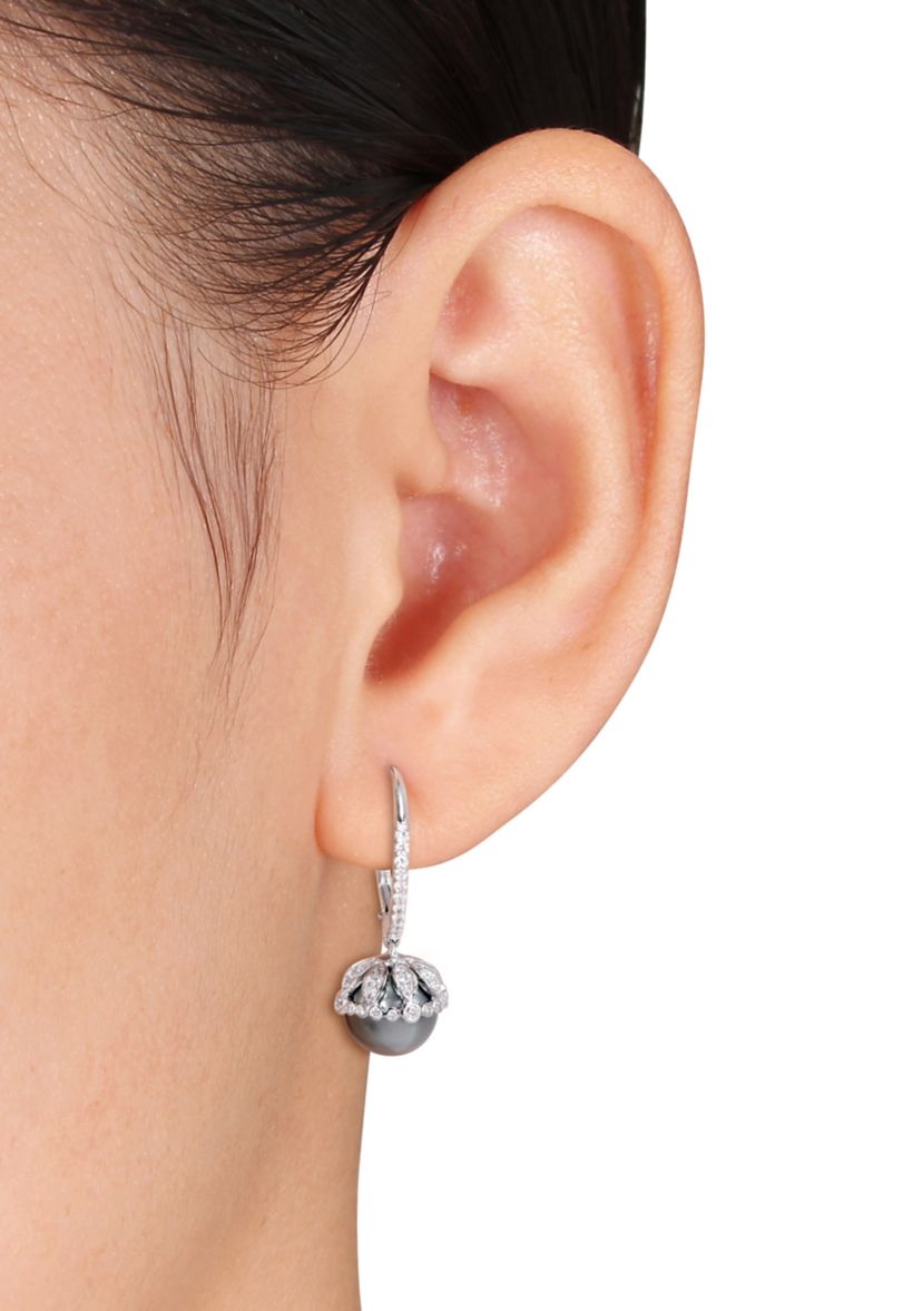 9 to 9.5 Millimeter Cultured Tahitian Pearl and 1/2 ct. t.w. Diamond Vintage Drop Earrings in 14k White Gold