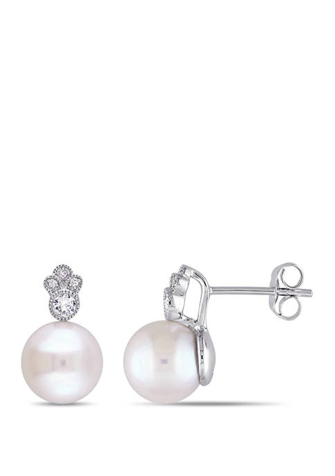 8 to 8.5 Millimeter Cultured Freshwater Pearl, 1/7 ct. t.w. White Sapphire and 1/10 ct. t.w. Diamond Accent Stud Earrings 10k White Gold