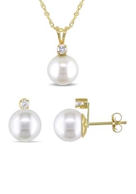Belk & Co 2-Piece Cultured Freshwater Pearl and 1/6 ct. t.w. Diamond Stud Earrings and Necklace Set in 14k Yellow Gold