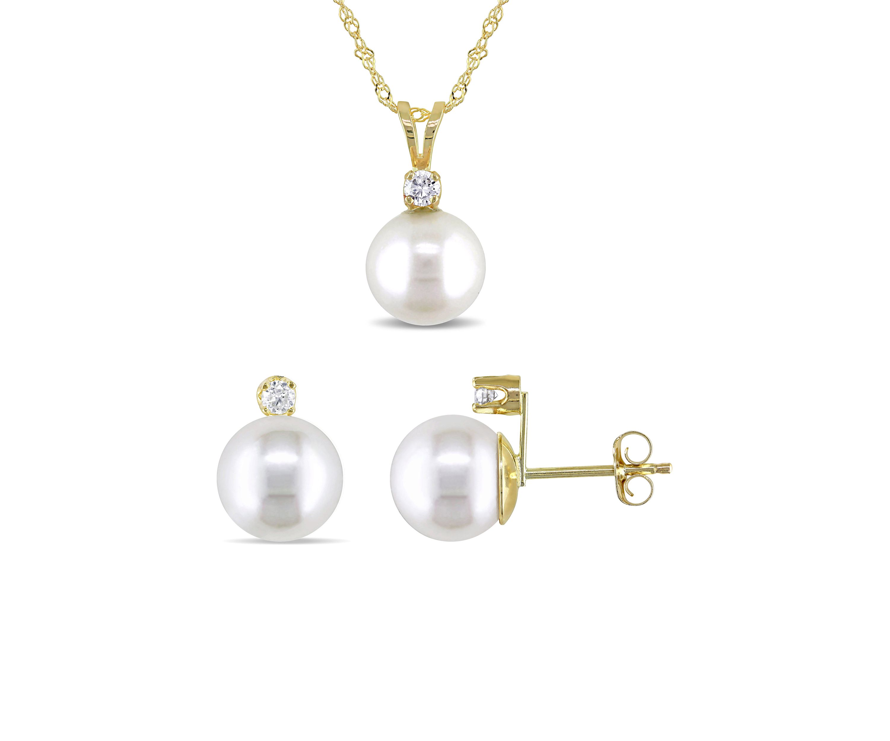 2-Piece Cultured Freshwater Pearl and 1/6 ct. t.w. Diamond Stud Earrings and Necklace Set in 14k Yellow Gold