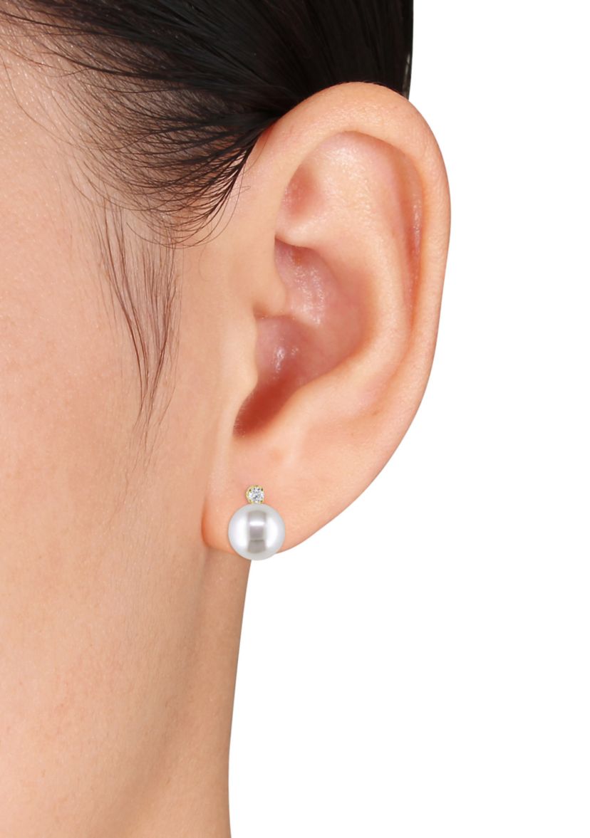 2-Piece Cultured Freshwater Pearl and 1/6 ct. t.w. Diamond Stud Earrings and Necklace Set in 14k Yellow Gold