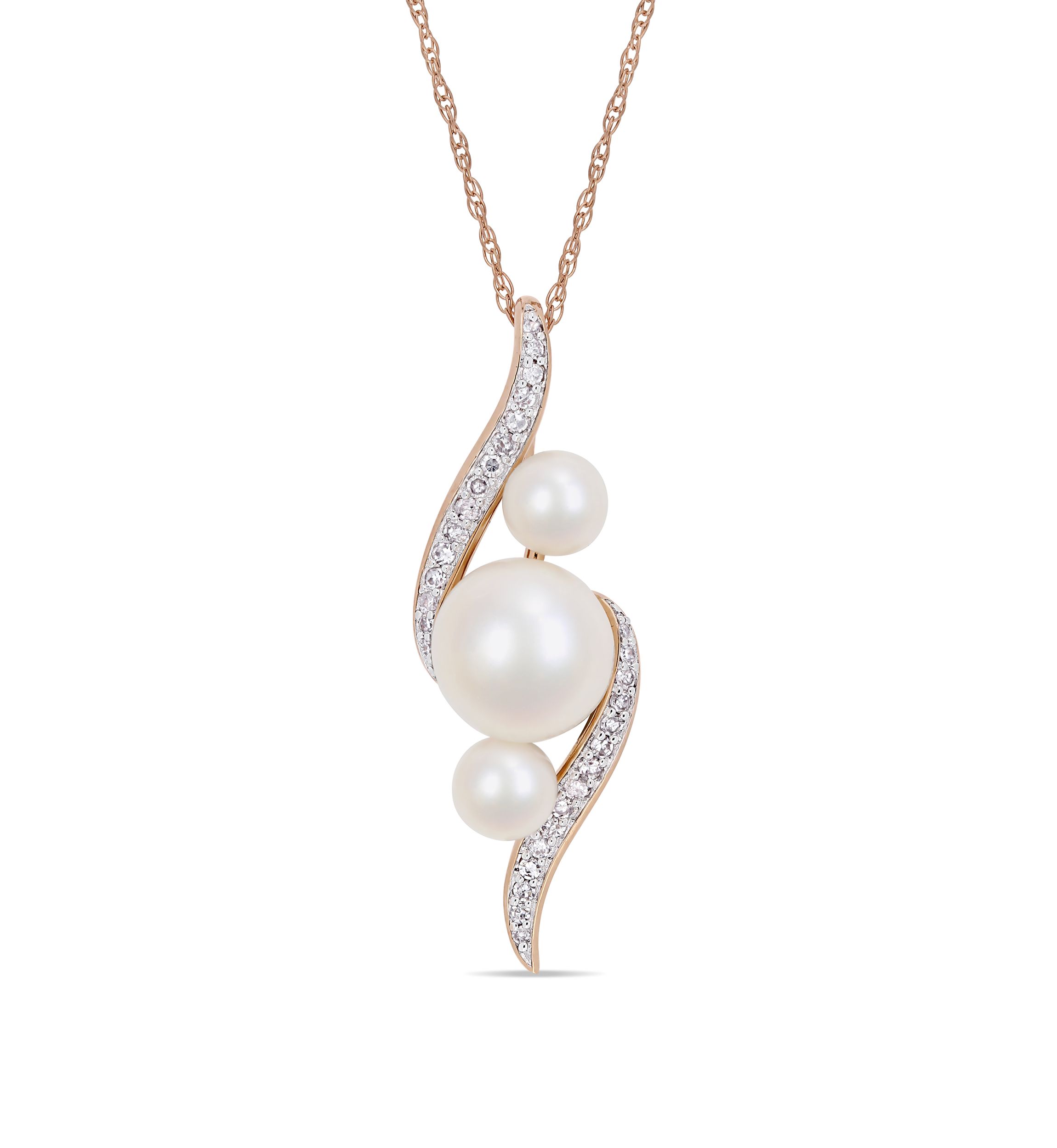 1/8 ct. t.w. Diamond and Cultured Freshwater Pearl Drop Swirl Necklace in 10k Rose Gold