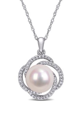 Belk & Co 10 to 10.5 Millimeter Cultured Freshwater Pearl and 1/4 ct. t.w. Diamond Swirl Necklace in 14k White Gold