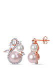 1.13 ct. t.w. White Topaz, 1/3 ct. t.w. Diamond, and Pink and White Cultured Freshwater Pearl Swan Stud Earrings in 10k Rose Gold
