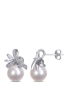 Belk & Co 9.5 to 10 Millimeter Freshwater Cultured Pearl, 2/5 ct. t.w. White Topaz and 1/6 ct. t.w. Diamond Flower Earrings in 10k White Gold