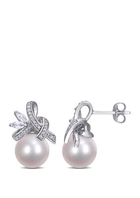Belk & Co 9.5 To 10 Millimeter Freshwater Cultured Pearl, 2/5 Ct. T.w. White Topaz And 1/6 Ct. T.w. Diamond Flower Earrings In 10K White Gold
