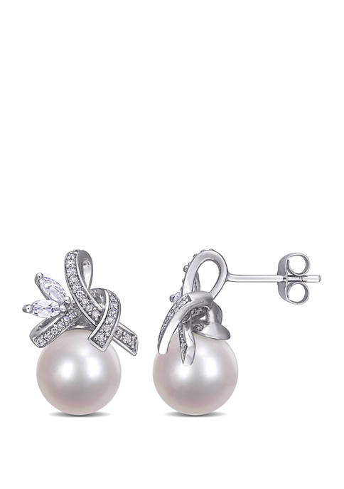 9.5 to 10 Millimeter Freshwater Cultured Pearl, 2/5 ct. t.w. White Topaz and 1/6 ct. t.w. Diamond Flower Earrings in 10k White Gold