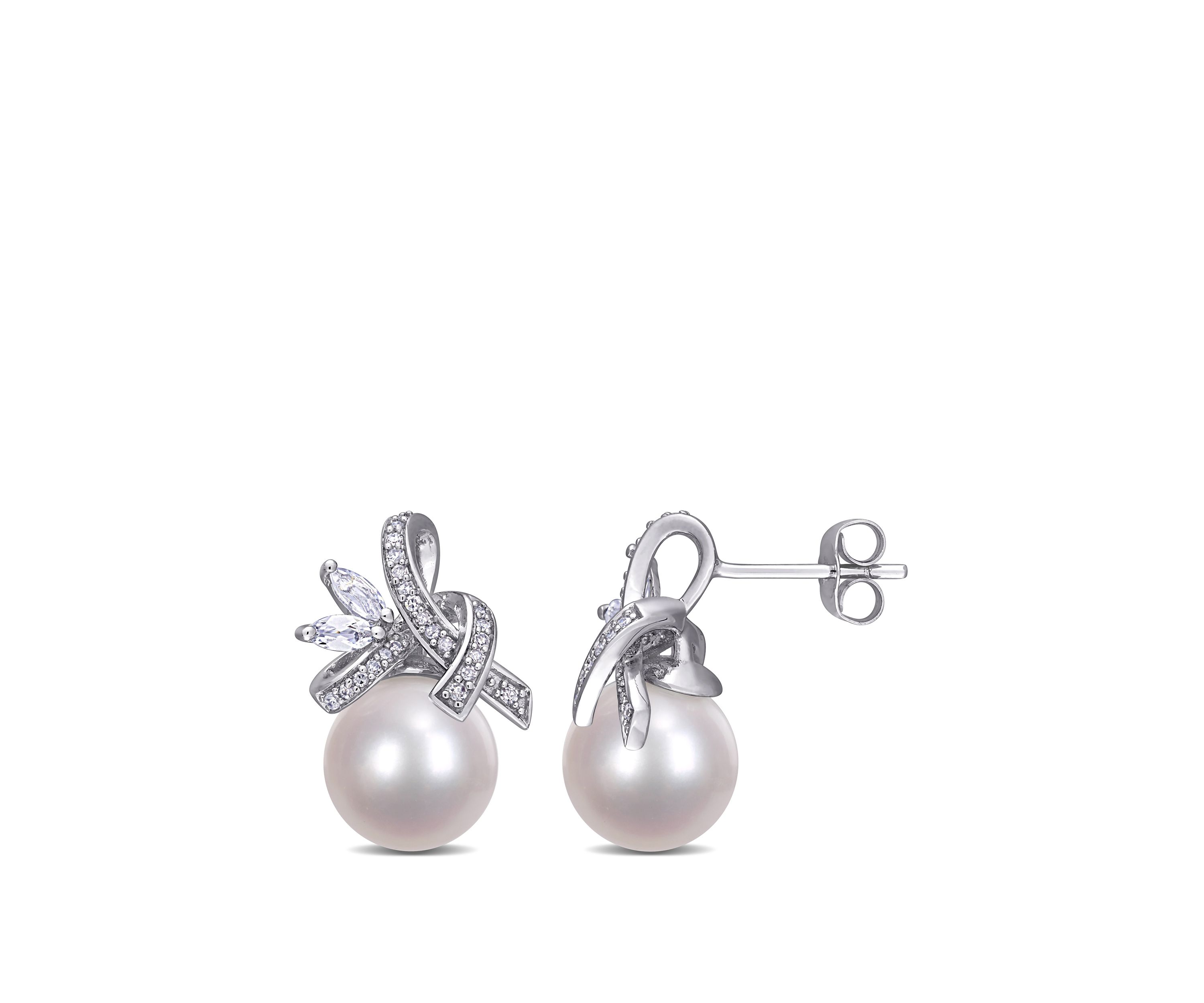 9.5 to 10 Millimeter Freshwater Cultured Pearl, 2/5 ct. t.w. White Topaz and 1/6 ct. t.w. Diamond Flower Earrings in 10k White Gold