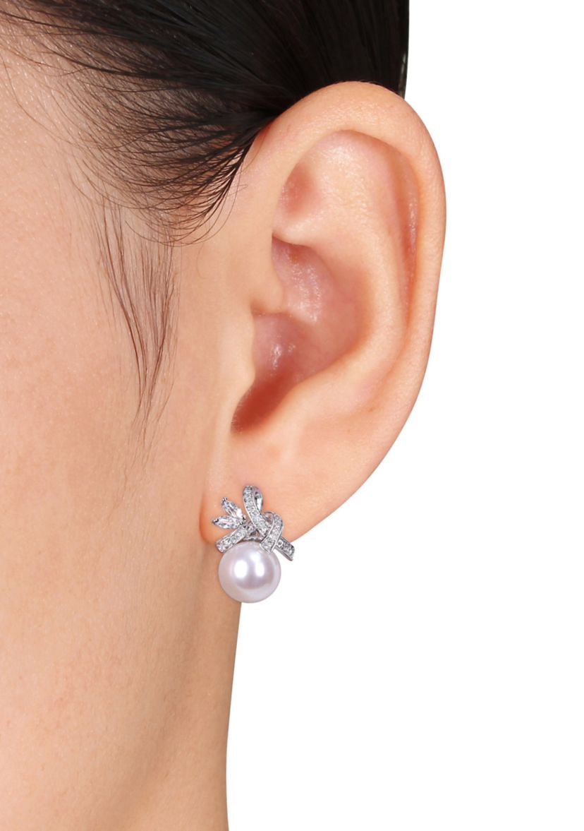9.5 to 10 Millimeter Freshwater Cultured Pearl, 2/5 ct. t.w. White Topaz and 1/6 ct. t.w. Diamond Flower Earrings in 10k White Gold