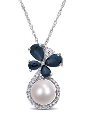 Belk & Co 7.5-8mm Cultured Freshwater Pearl and Sapphire White Sapphire and 1/8 CT TW Diamond Butterfly Drop Necklace in 10k White Gold