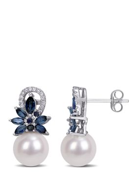 Belk & Co 9 to 9.5 Millimeter Cultured Freshwater Pearl, 1.63 ct. t.w. Sapphire and 1/8 ct. t.w. Diamond Floral Drop Earrings in 14k White Gold