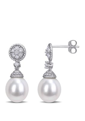 Belk & Co 9 To 9.5 Millimeter Cultured Freshwater Pearl And 1/3 Ct. T.w. Diamond Drop Earrings In 14K White Gold