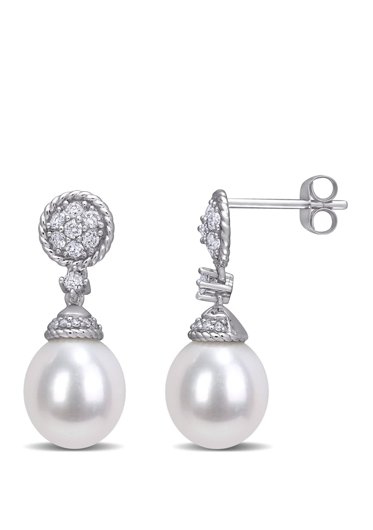 9 to 9.5 Millimeter Cultured Freshwater Pearl and 1/3 ct. t.w. Diamond Drop Earrings in 14k White Gold
