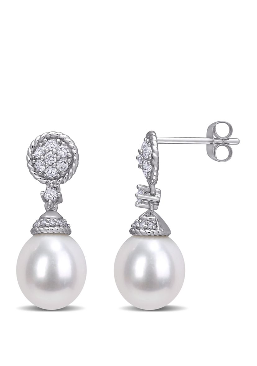 9 to 9.5 Millimeter Cultured Freshwater Pearl and 1/3 ct. t.w. Diamond Drop Earrings in 14k White Gold